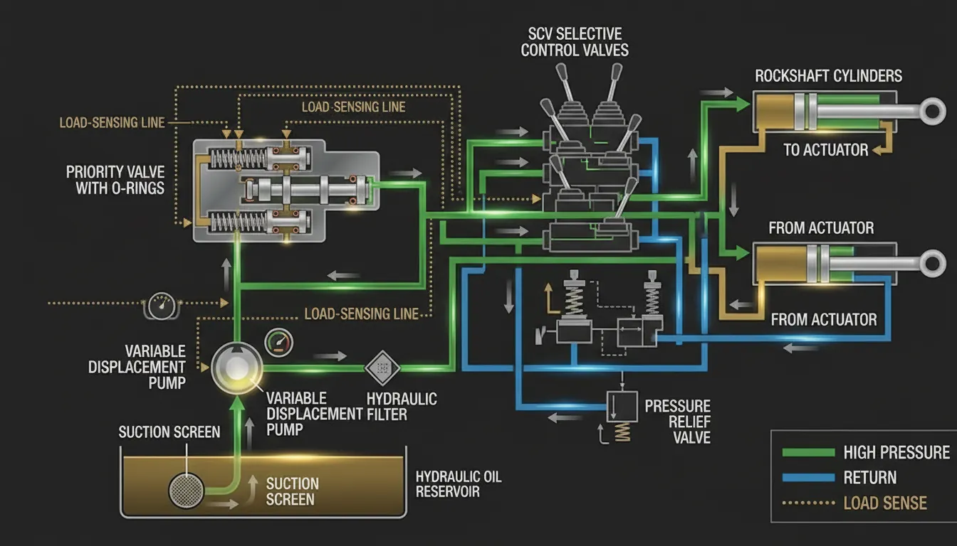 Схема гидравлической системы закрытого центра John Deere с приоритетным клапаном