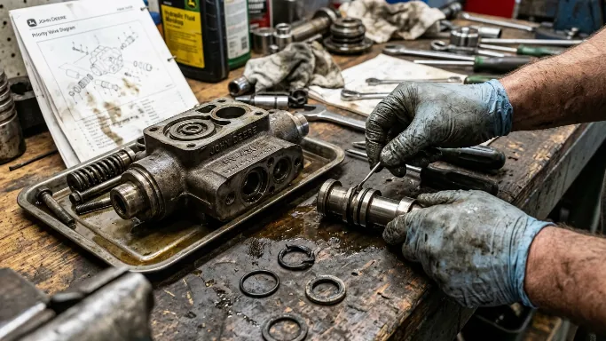 Разобранный приоритетный клапан гидравлики John Deere с поврежденными уплотнительными кольцами