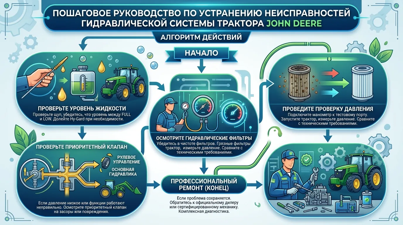 Пошаговая инфографика диагностики гидравлики трактора John Deere