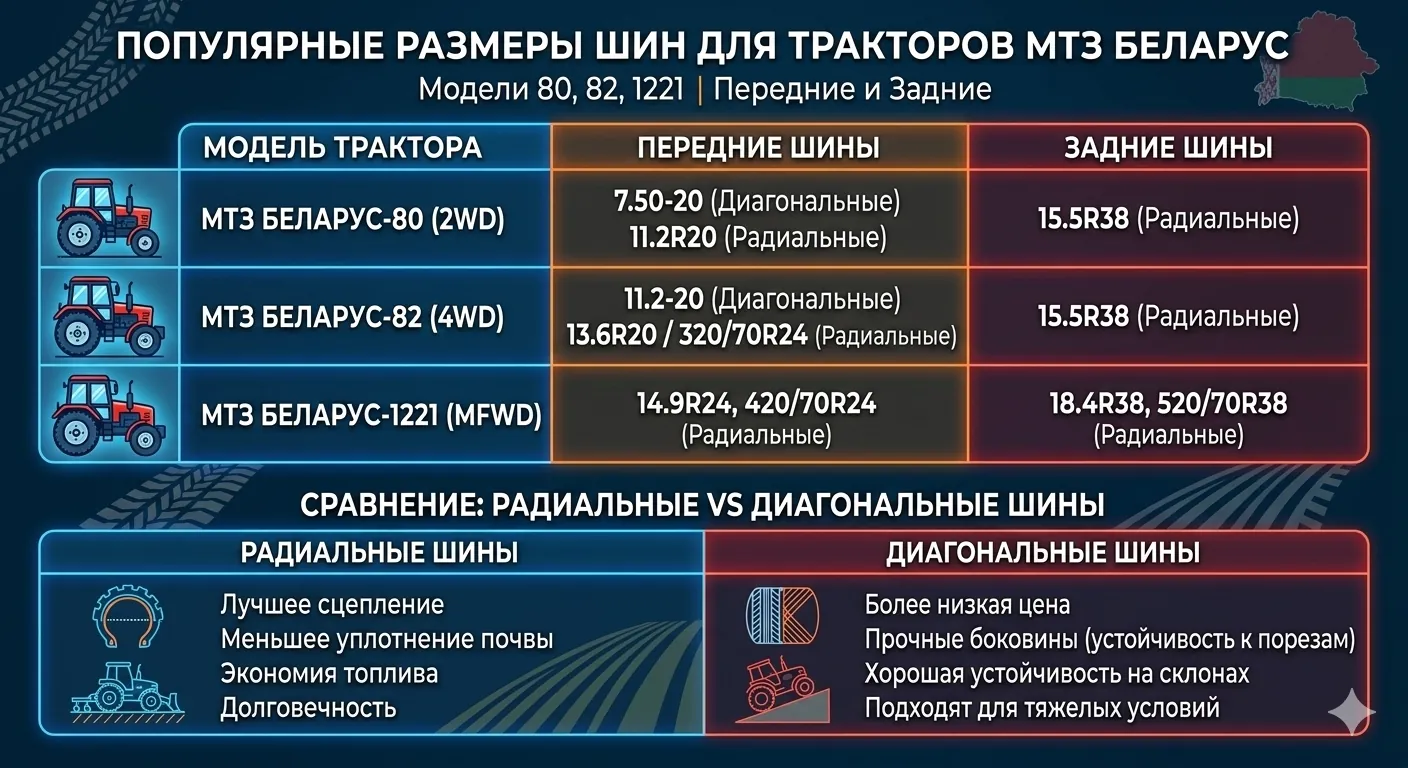 Таблица популярных размеров шин для тракторов МТЗ в Беларуси