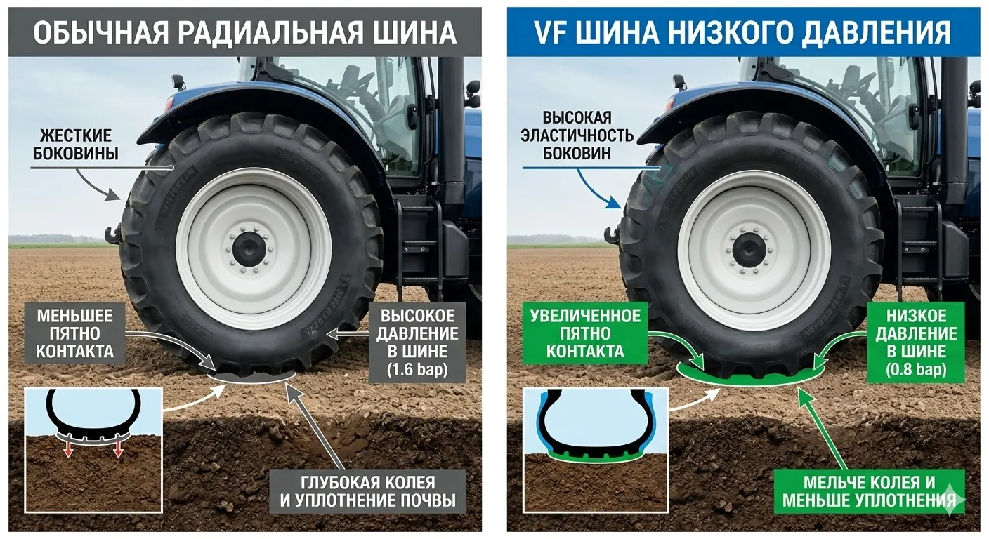 Сравнение обычной радиальной шины и VF-шины с низким давлением