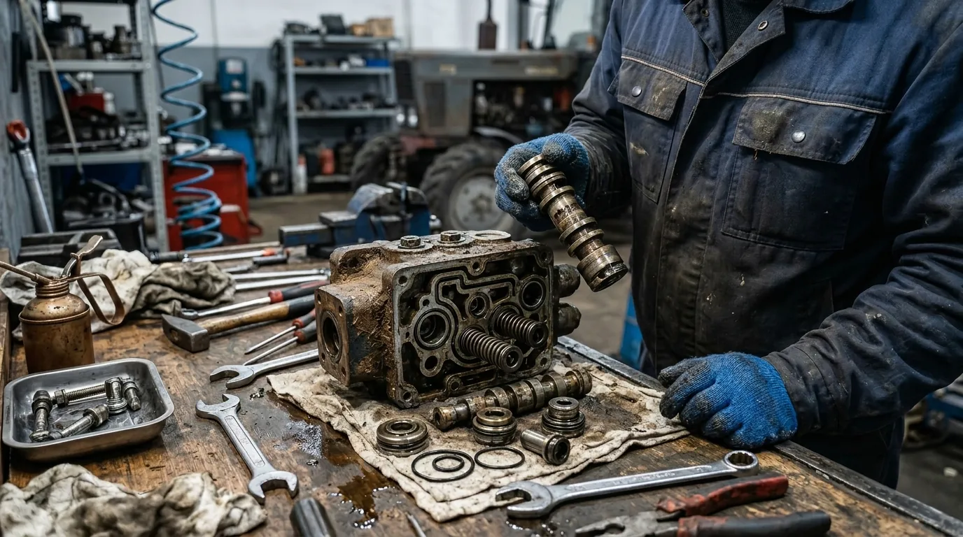 Разобранный распределитель гидравлики МТЗ с загрязненными золотниками