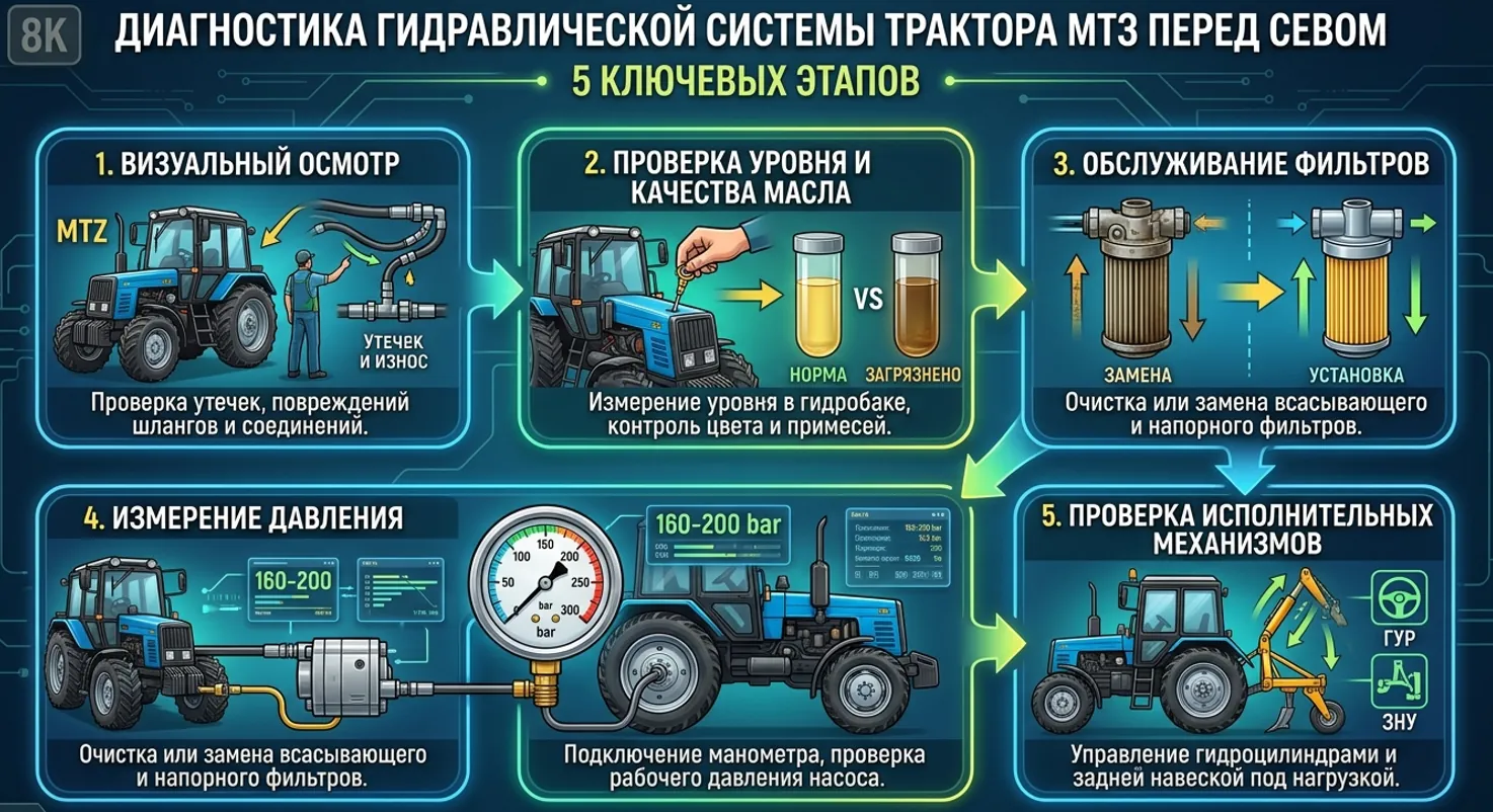 Пошаговая инфографика диагностики гидравлики МТЗ