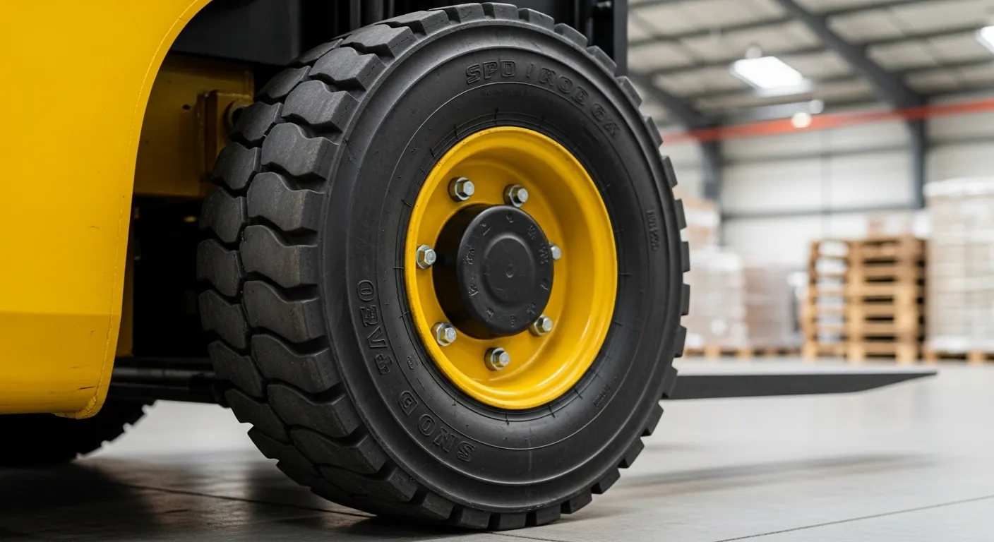 Цельнолитые шины на вилочном погрузчике в складском ангаре крупный план протектора